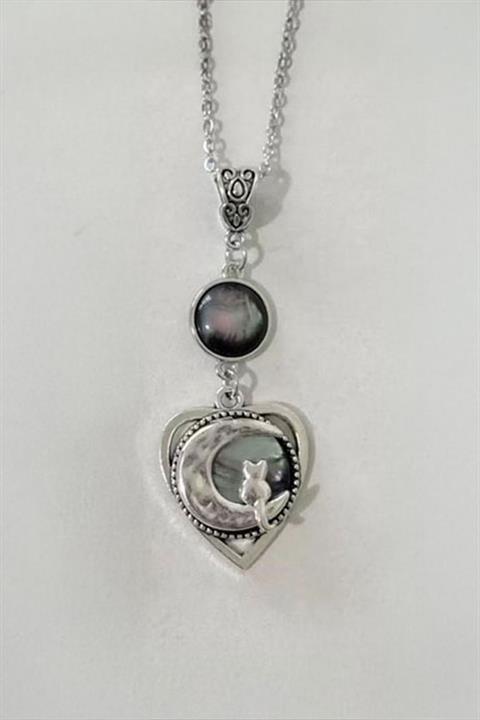 Silver Siyah Moonstone Kalp Motifli Ay Ve Kedi Detaylı Kolye