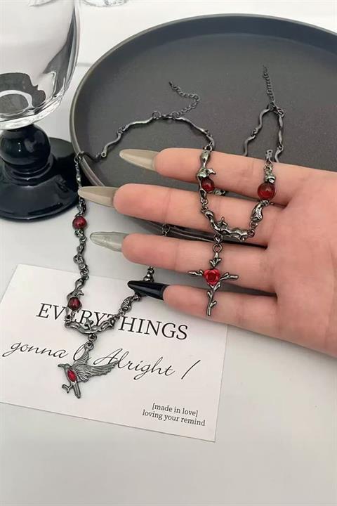 Silver Vampire Aesthetic Kırmızı Gül Detaylı Haç Ve Kuş Figürlü Kolye