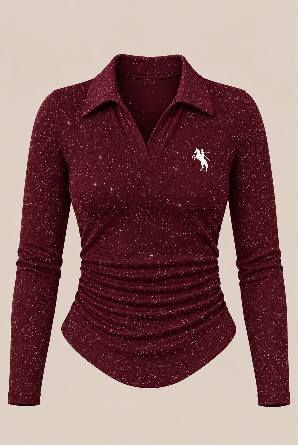 Simli Bordo Polo Yaka Fitilli Premium Uzun Kollu Bluz
