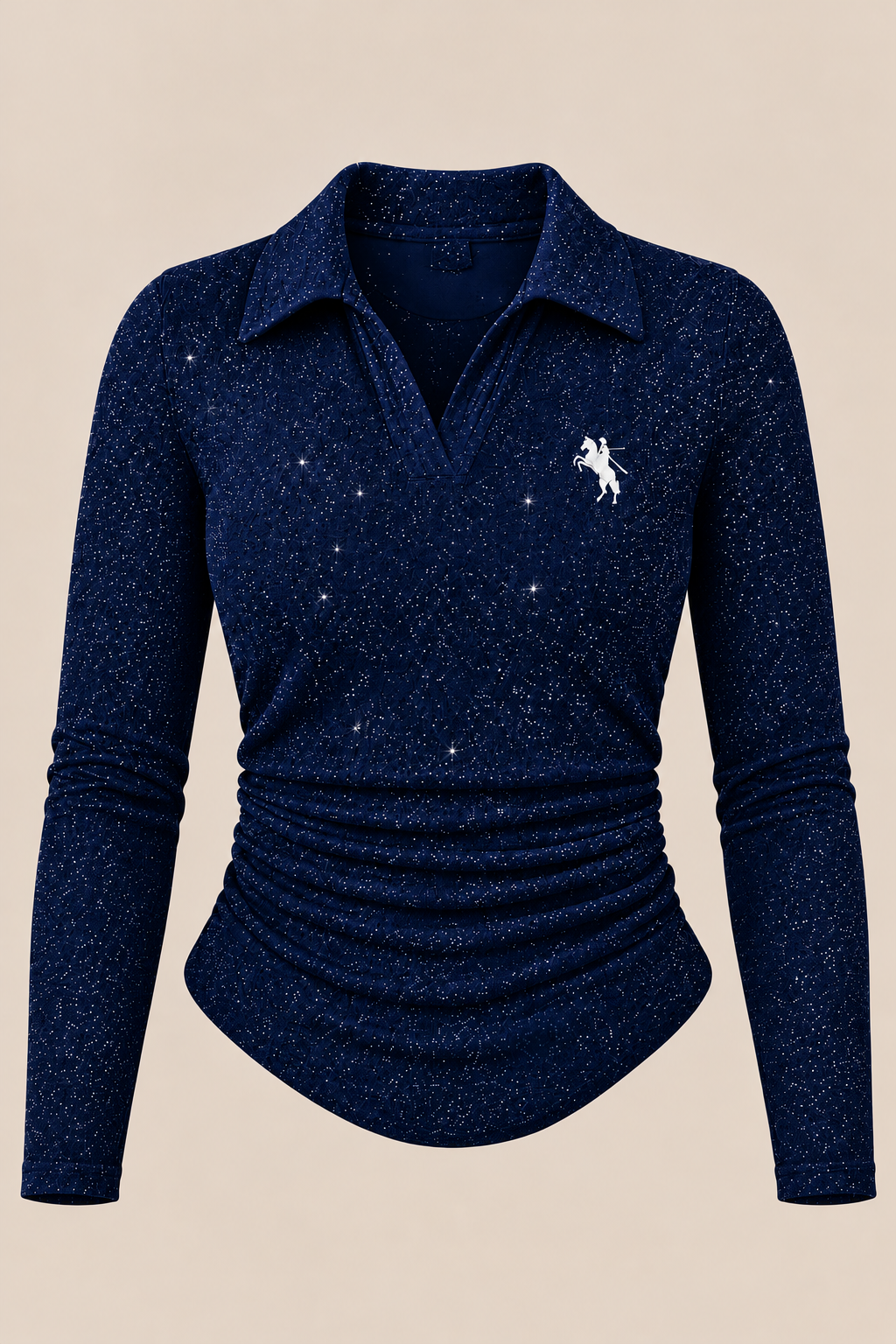 Simli Lacivert Polo Yaka Fitilli Premium Uzun Kollu Bluz