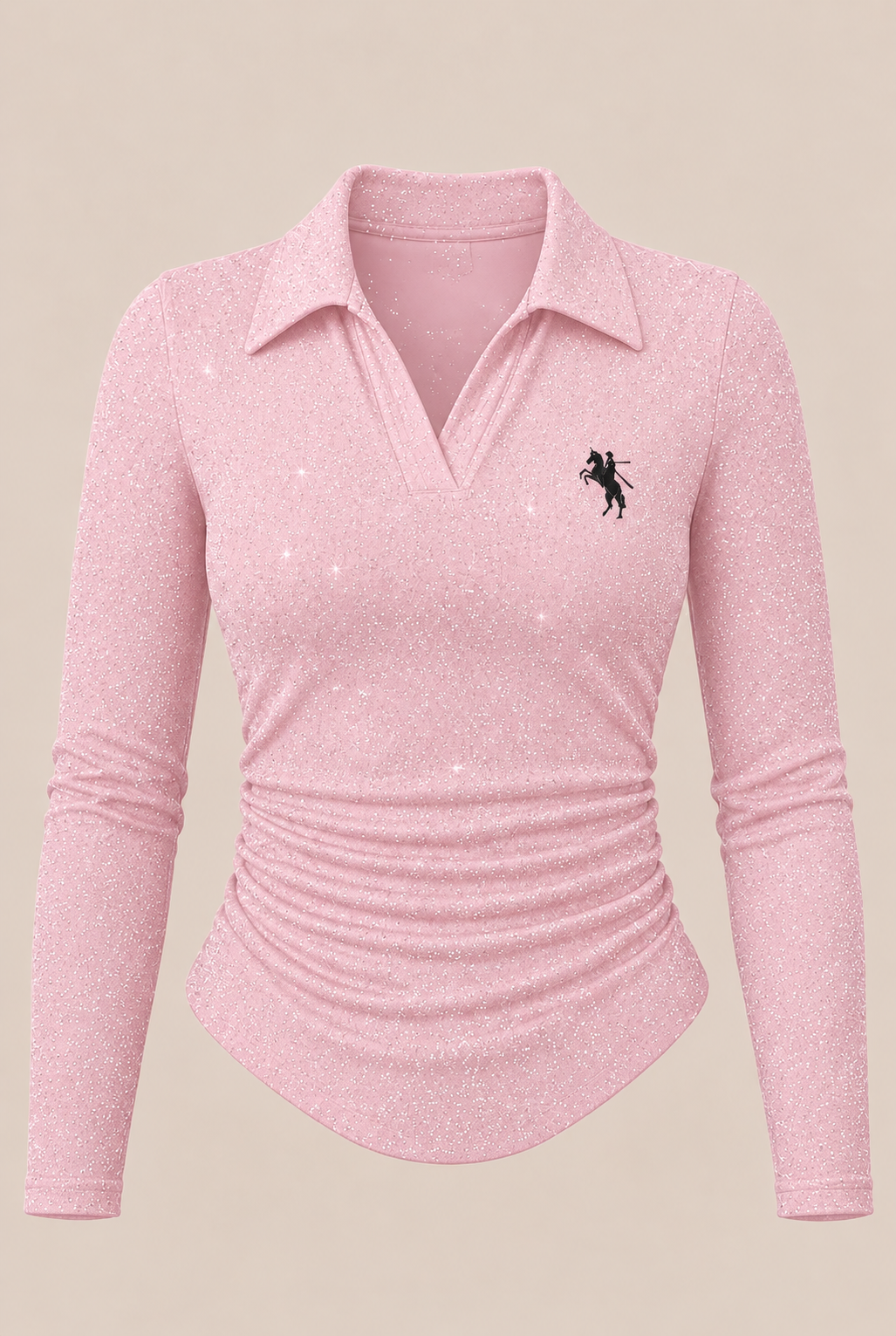 Simli Pembe Polo Yaka Fitilli Premium Uzun Kollu Bluz