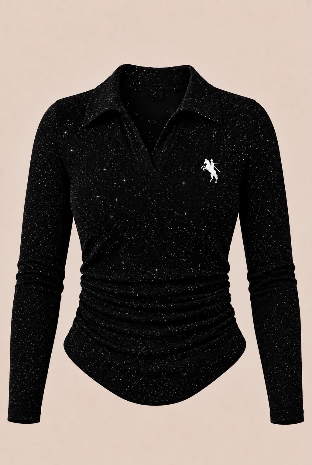 Simli Siyah Polo Yaka Fitilli Premium Uzun Kollu Bluz