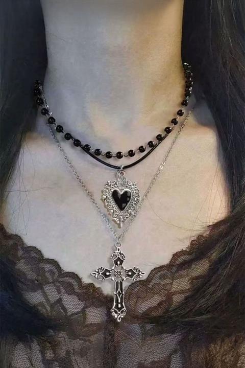 Siyah 3'Lü Set Gotik Hac Kolye Ve Siyah Boncuklu Kalp Gerdanlık Kolye