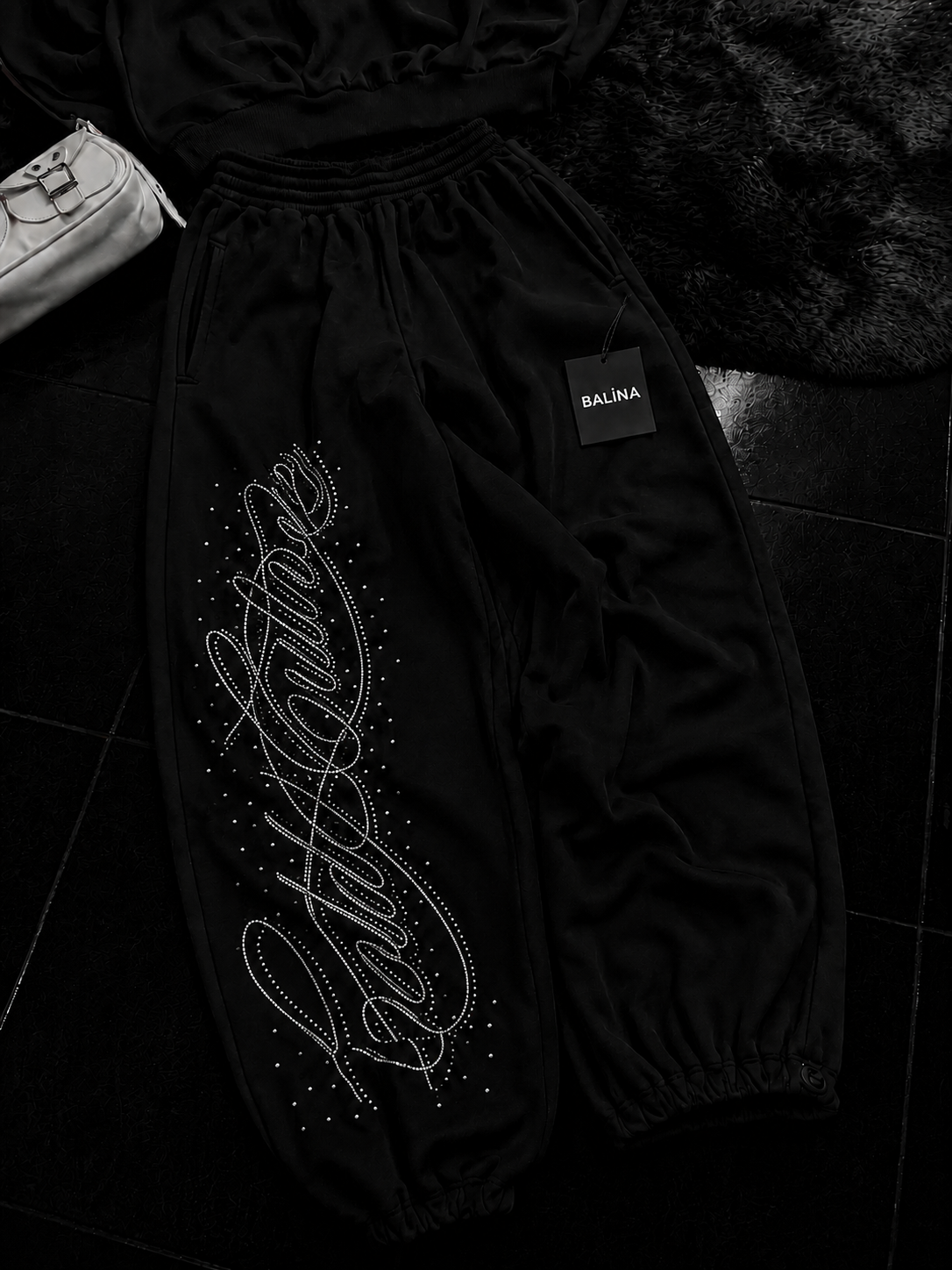 Siyah Angel Taşlı Baggy Unisex Eşofman Altı