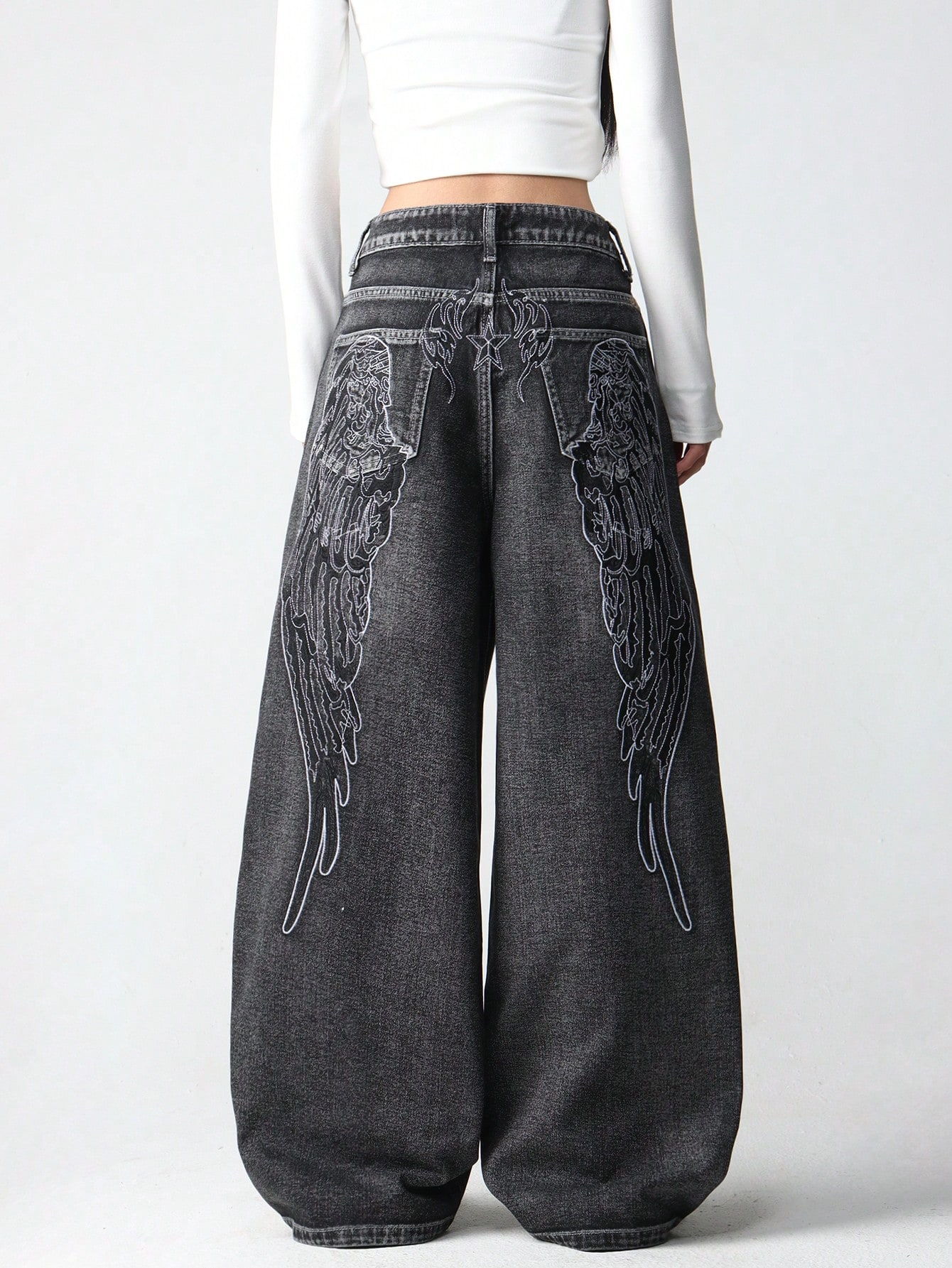 Siyah Angel Wings Y2K Pembe Baggy Jean