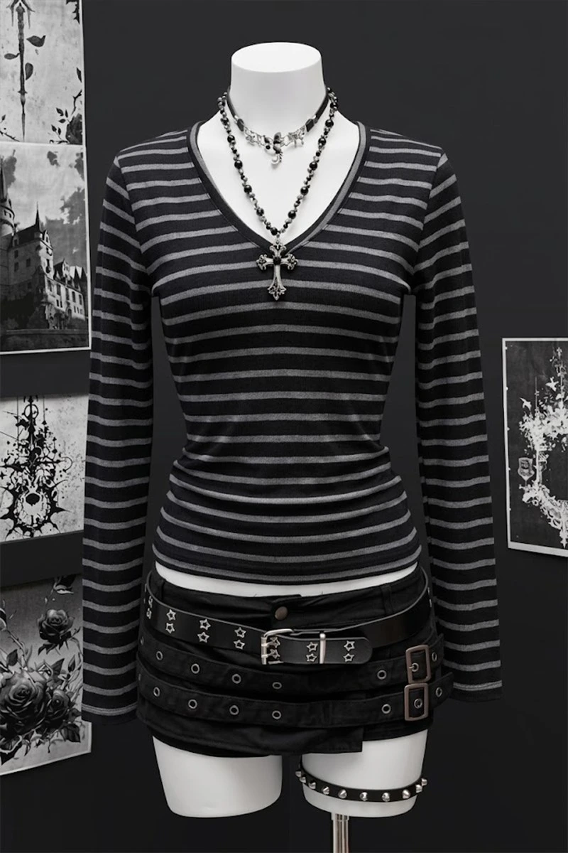 Siyah Antrasit Çizgili Fitilli Düz Y2K Uzun Kollu Crop