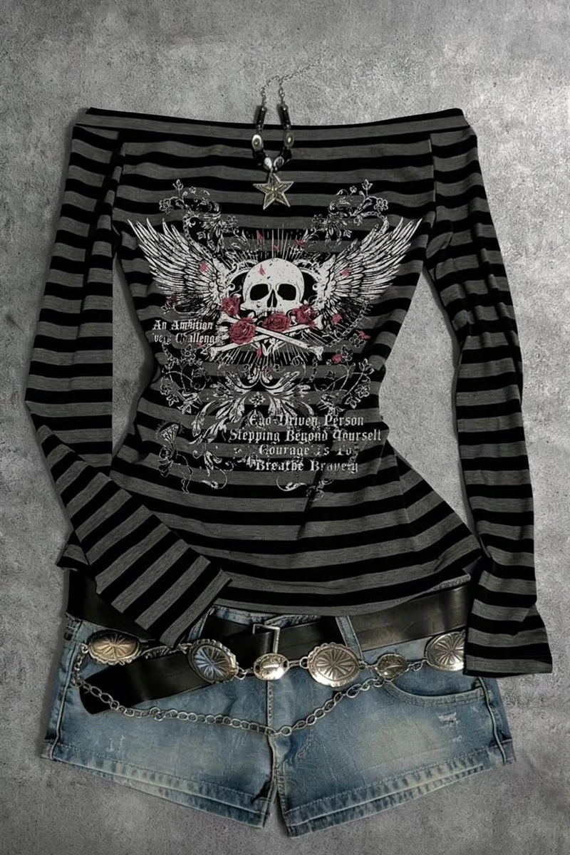 Siyah Antrasit Çizgili Gotik Skull Rose Omuz Dekolteli Y2K Uzun Kollu Crop