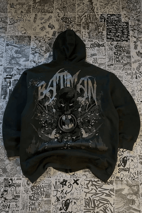 Siyah Batman Sırt Baskılı Cartoon Unisex Hırka