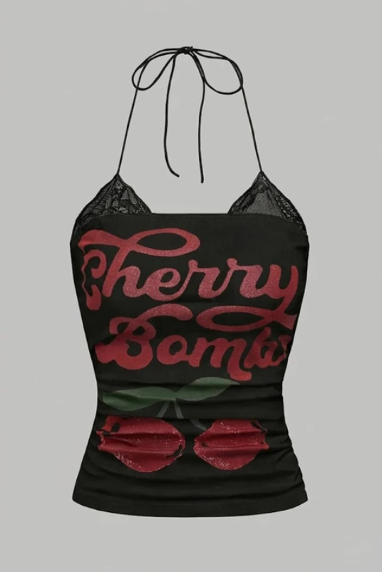 Siyah Cherry Bomb Dantelli Ek Y2K Askılı Crop