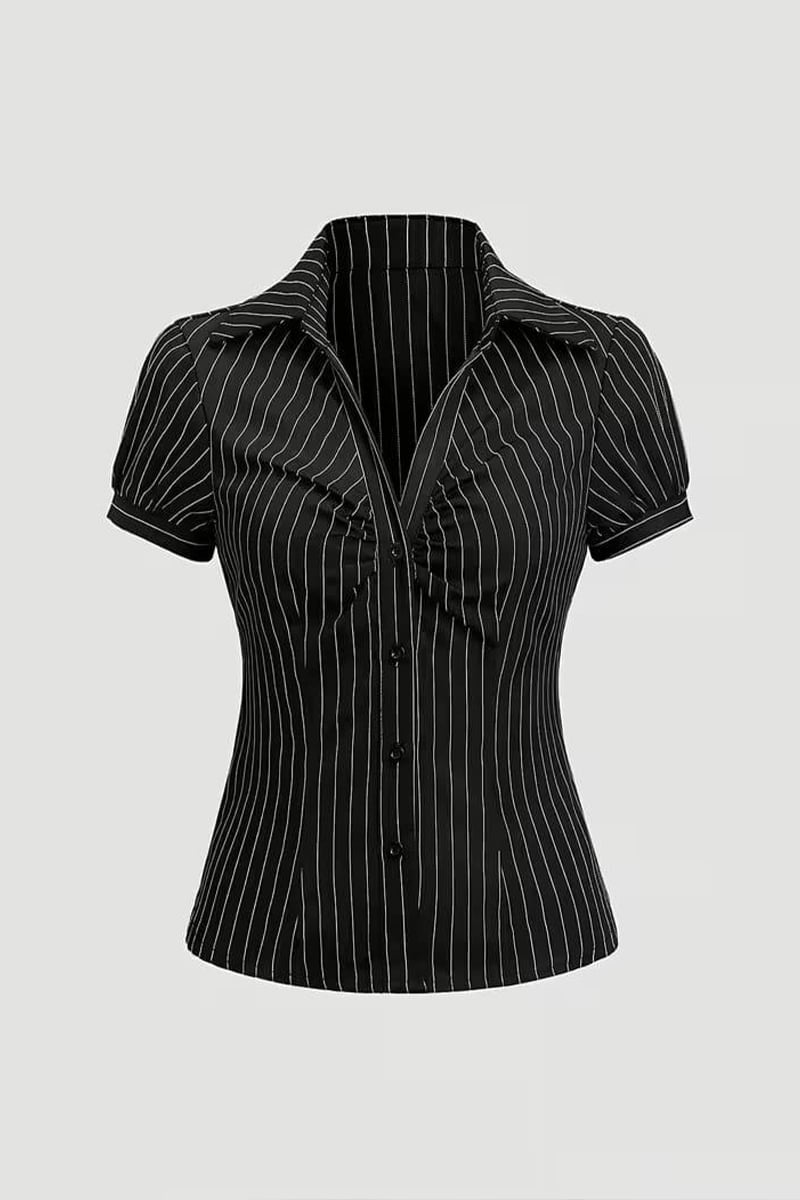Siyah Çizgili Vintage Mini Puff Sleeve Y2K Kısa Kollu Gömlek