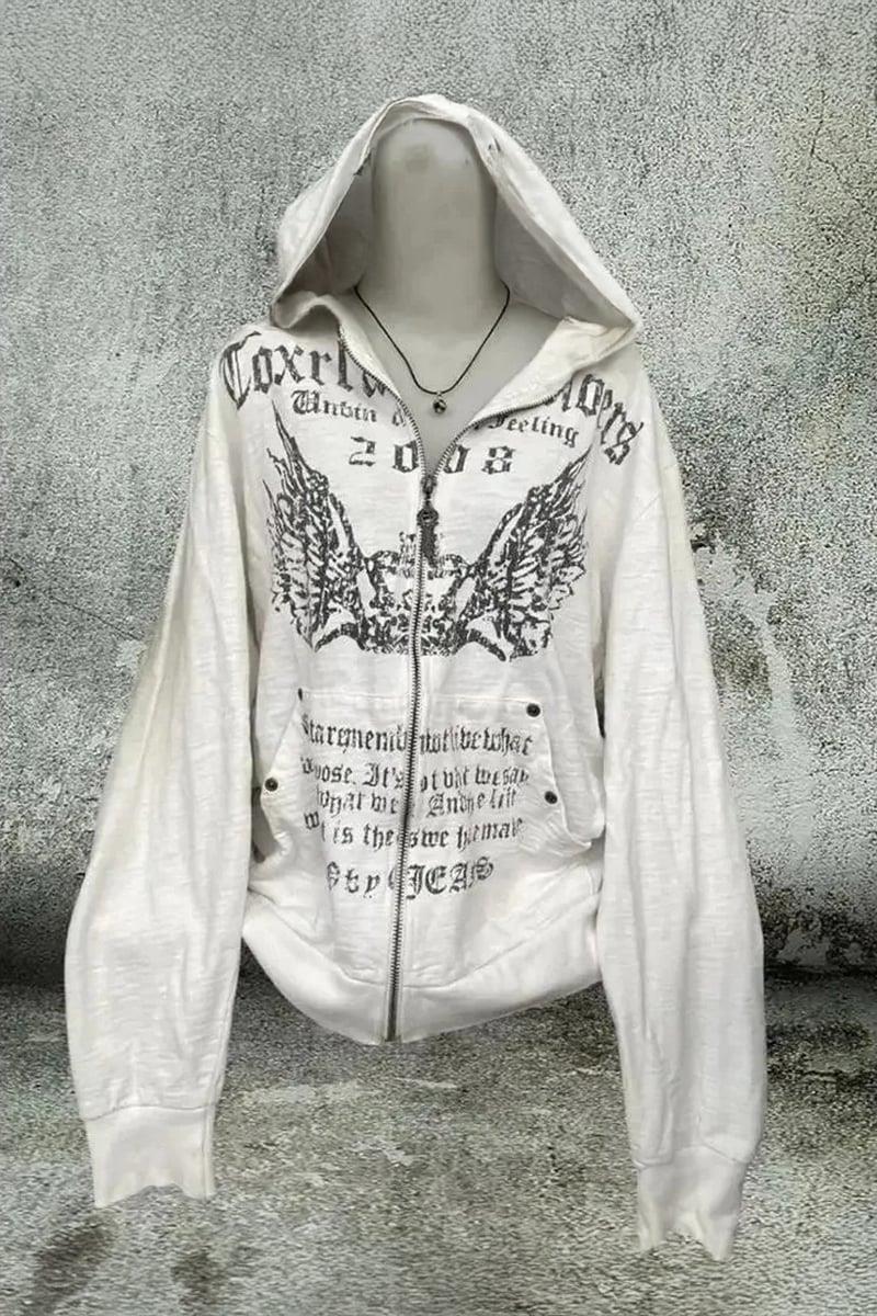 Siyah Crown Wings Gotik Y2K Unisex Kapüşonlu Unsiex Hırka