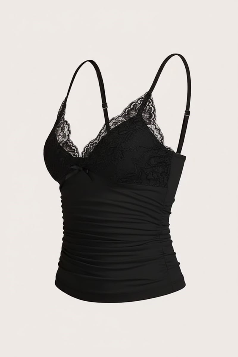 Siyah Dantel Detaylı Fiyonklu Y2K Askılı Crop