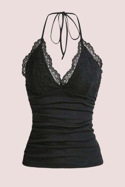 Siyah Dantelli V Yaka Gothic Boyun Bağlamalı Full Body Crop