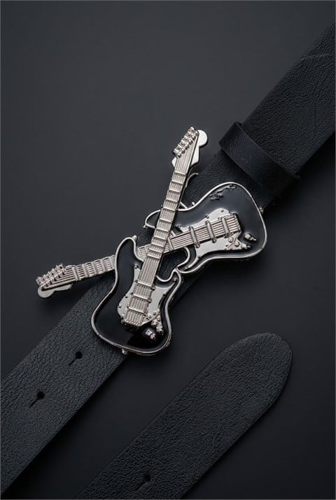Siyah Double Guitar Gotik Deri Kemer
