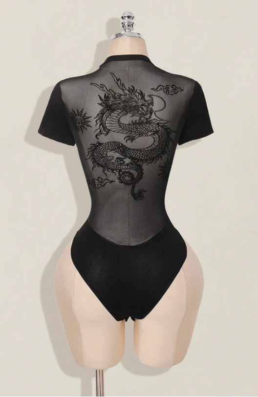 Siyah Dragon Baskılı Sırtı Transparan Kısa Kollu Çıtçıtlı Body
