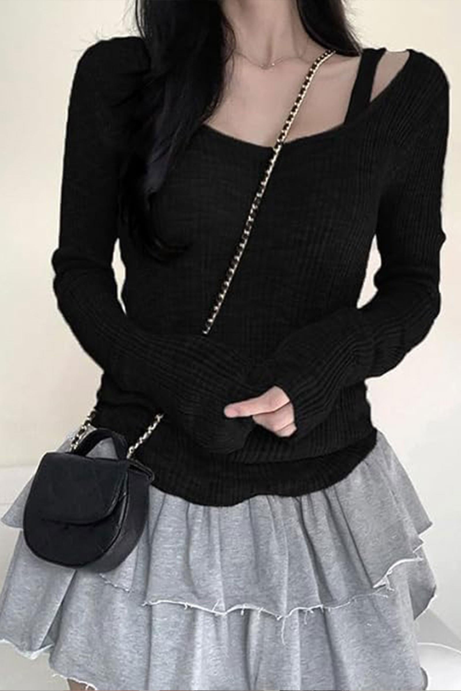 Siyah Ek Askılı Madonna Yaka Harajuku Y2K Uzun Kollu Crop
