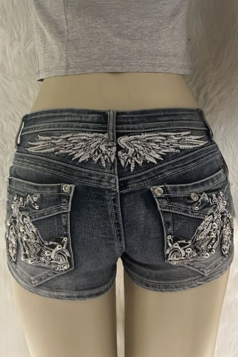 Siyah Eskitme Taşlı Chopper Y2K Kot Mini Şort