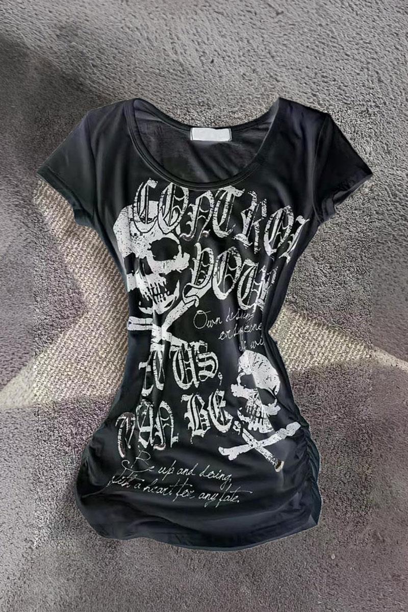 Siyah Gothic Skulls Control Geniş Yaka Kısa Kollu Crop