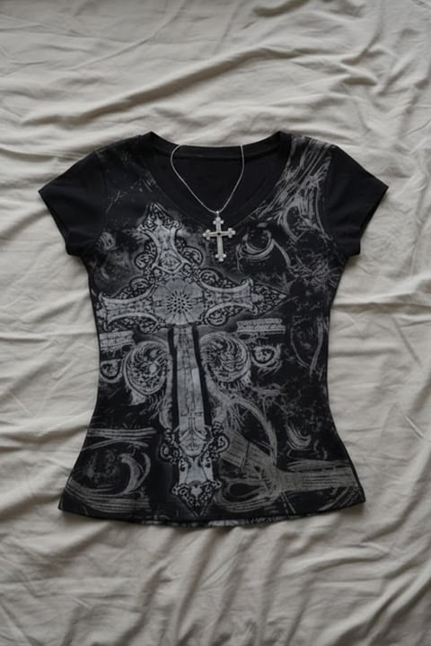 Siyah Gotik Cross Motifli Vintage Grunge Y2K Kısa Kollu Crop
