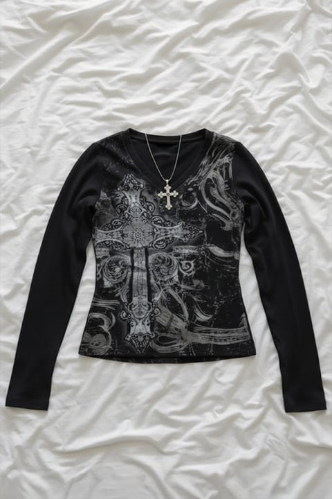 Siyah Gotik Cross Motifli Vintage Grunge Y2K Uzun Kollu Crop