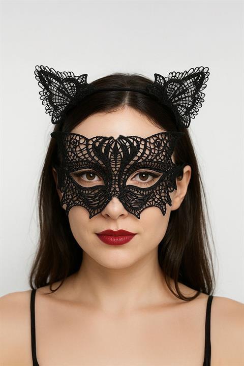 Siyah Gotik Dantelli Kedi Maskesi Ve Taç Seti