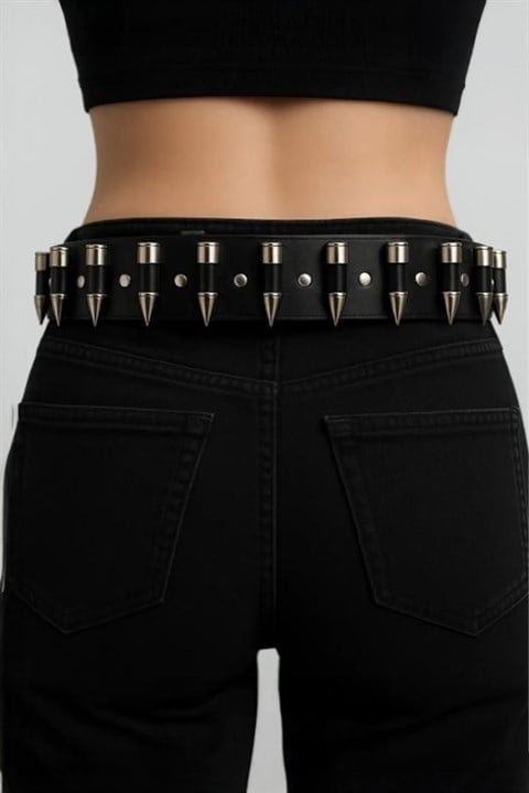Siyah Gotik Silver Mermi Şeritli Y2K Kemer