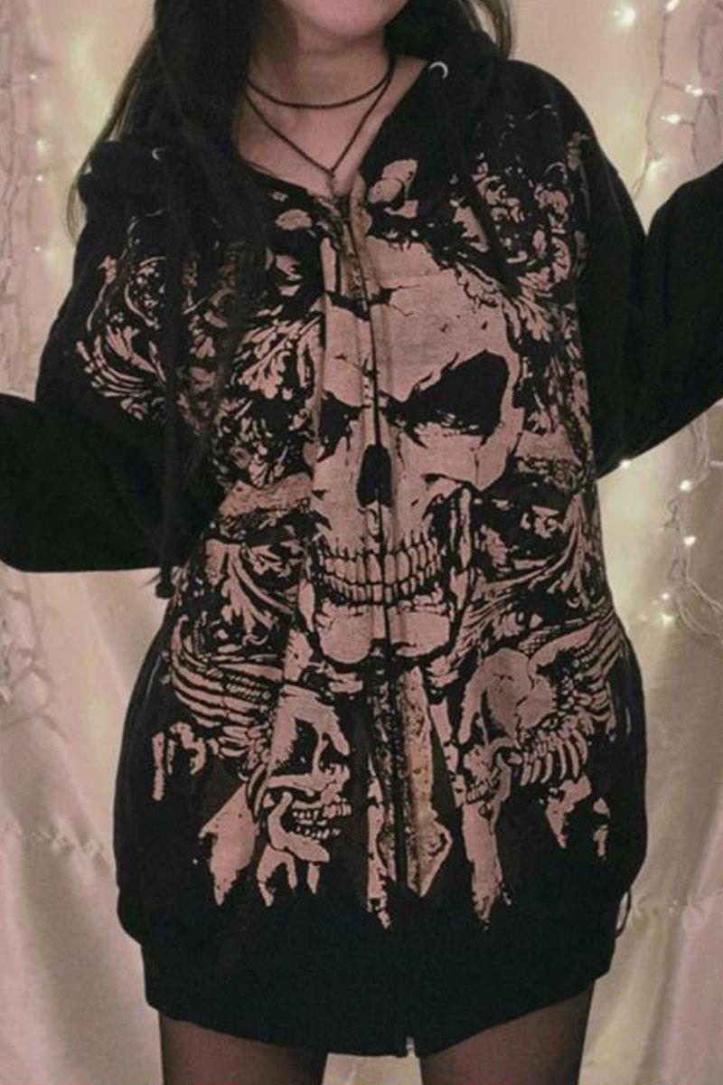 Siyah Gotik Skull Baskılı Y2K Kapüşonlu Unsiex Hırka