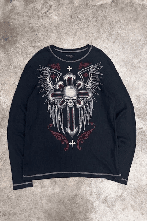 Siyah Gotik Skull Cross Motifli Dikiş Detaylı Y2K Unisex Sweatshirt