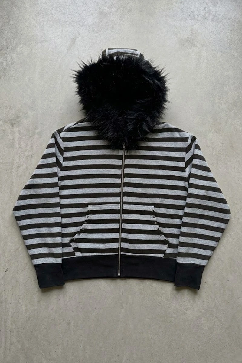 Siyah Gri Çizgili Kürklü Kapüşonlu Unisex Hırka