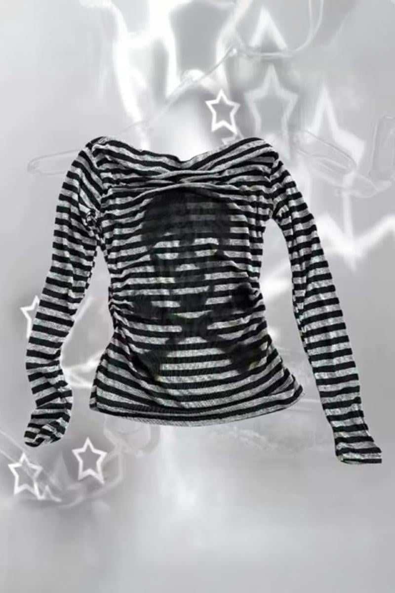 Siyah Gri Çizgili Skull Y2K Uzun Kollu Crop