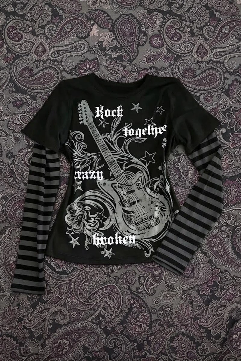 Siyah Guitar Siyah Antrasit Kollu Çizgili Y2K Uzun Kollu Crop