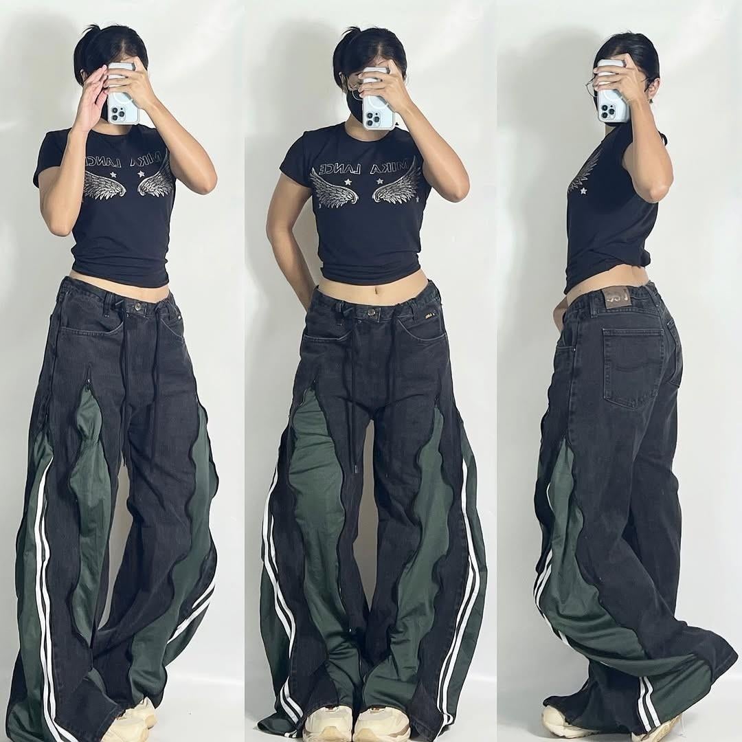 Siyah-Haki Zipper Detail Premium Baggy Jean Unisex Oversize Pantolon