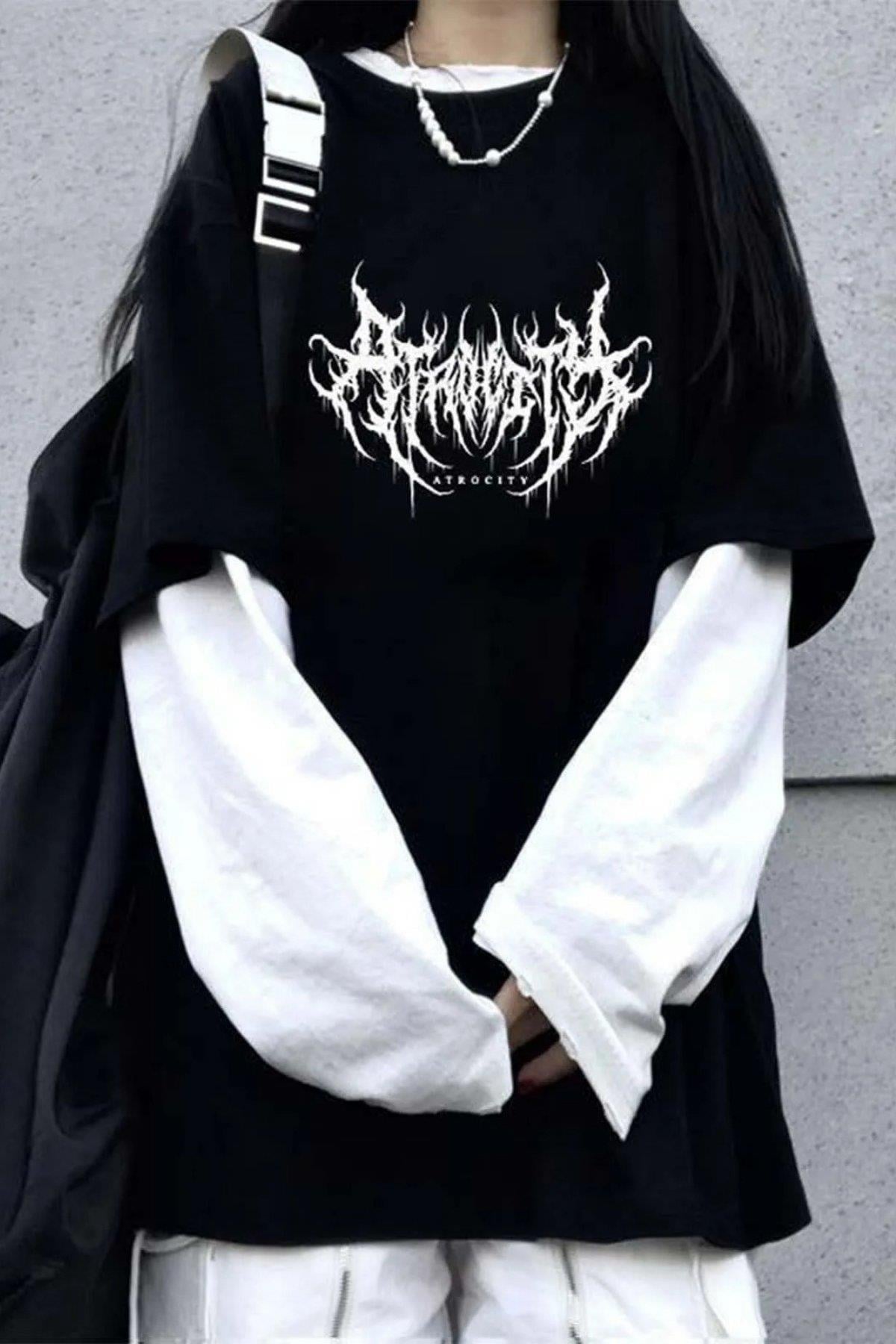 Siyah Harajuku Gothic Atrocity Beyaz Kollu (Unisex) T-Shirt
