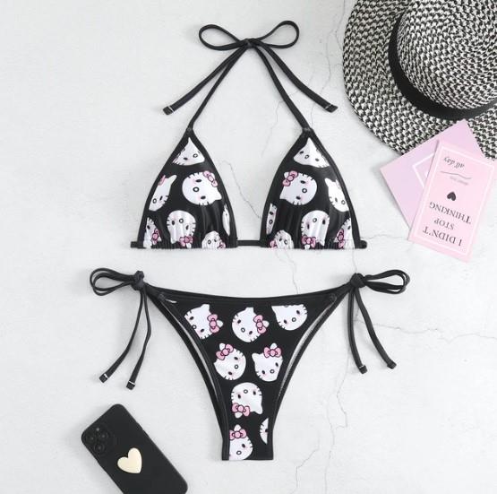 Siyah Hello Kity Desenli Y2K Bikini Takımı