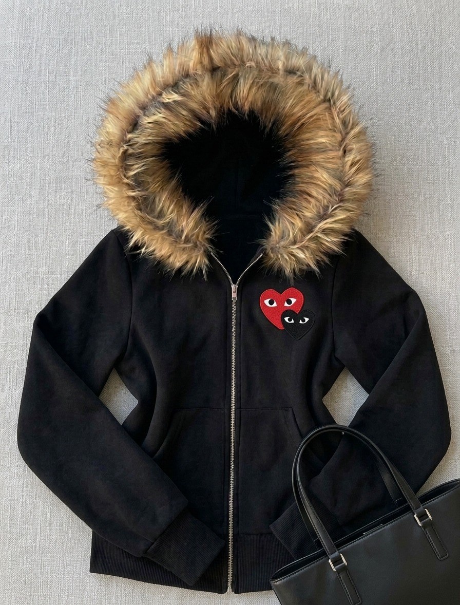 Siyah Kürklü Hearth & Eyes Baskılı 3 İplik Y2K Kapüşonlu Hırka