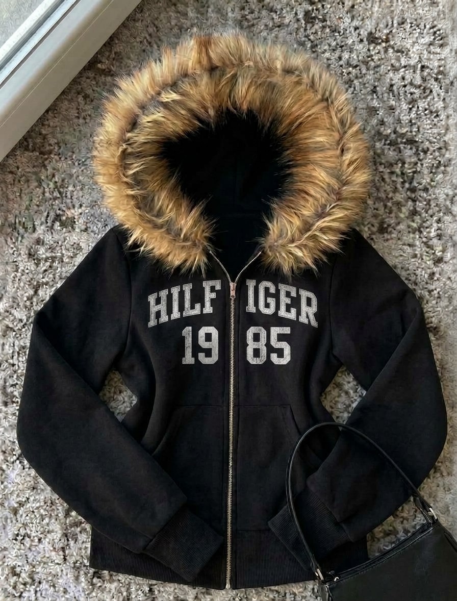 Siyah Kürklü HILFIGER 1985 Baskılı 3 İplik Y2K Kapüşonlu Hırka
