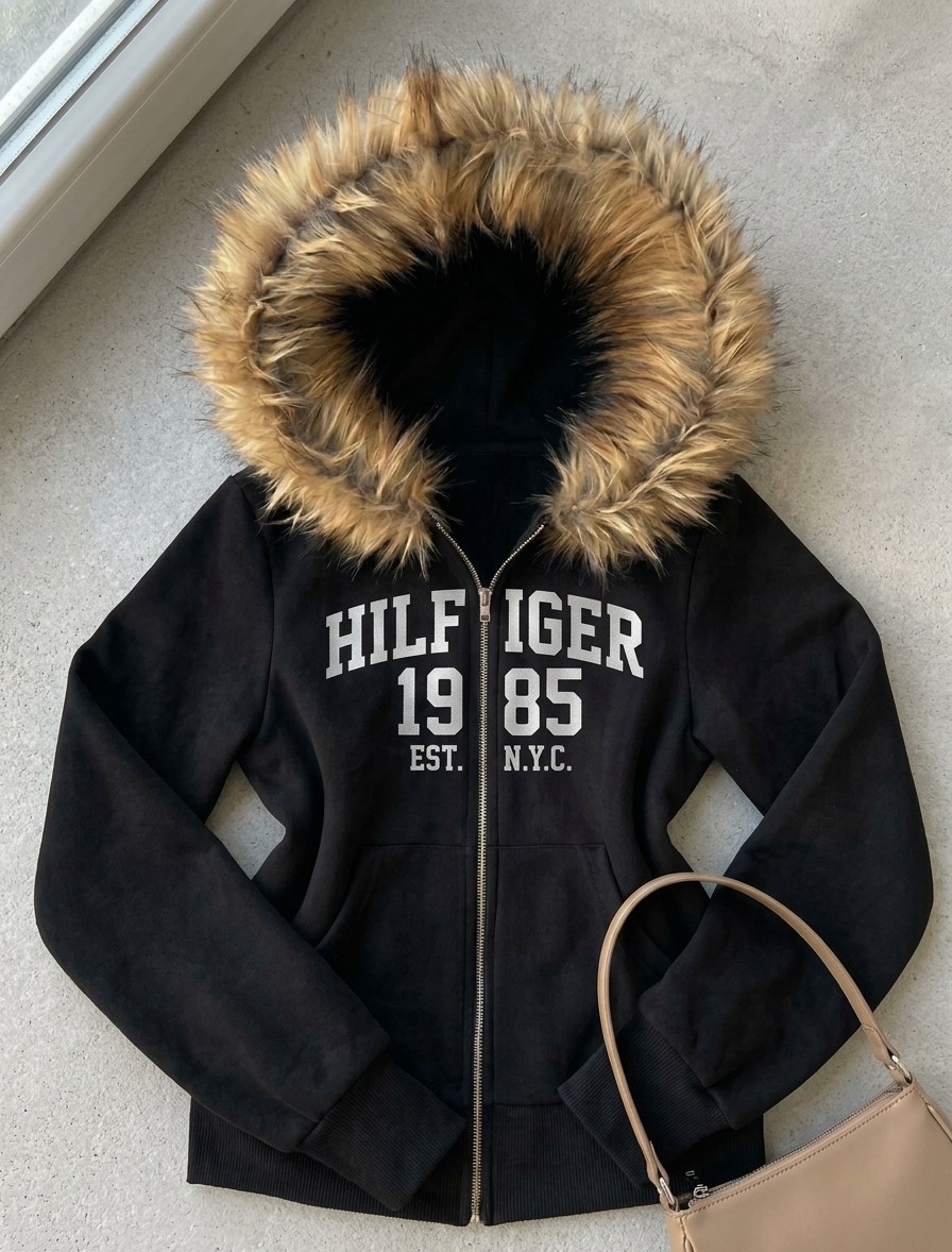 Siyah Kürklü HILFIGER 1985 EST. Baskılı 3 İplik Y2K Kapüşonlu Hırka