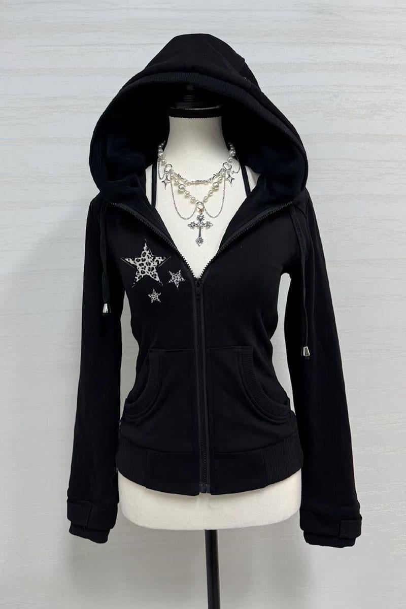 Siyah Leopar Desenli Star Harajuku Y2K Kapüşonlu Crop Hırka