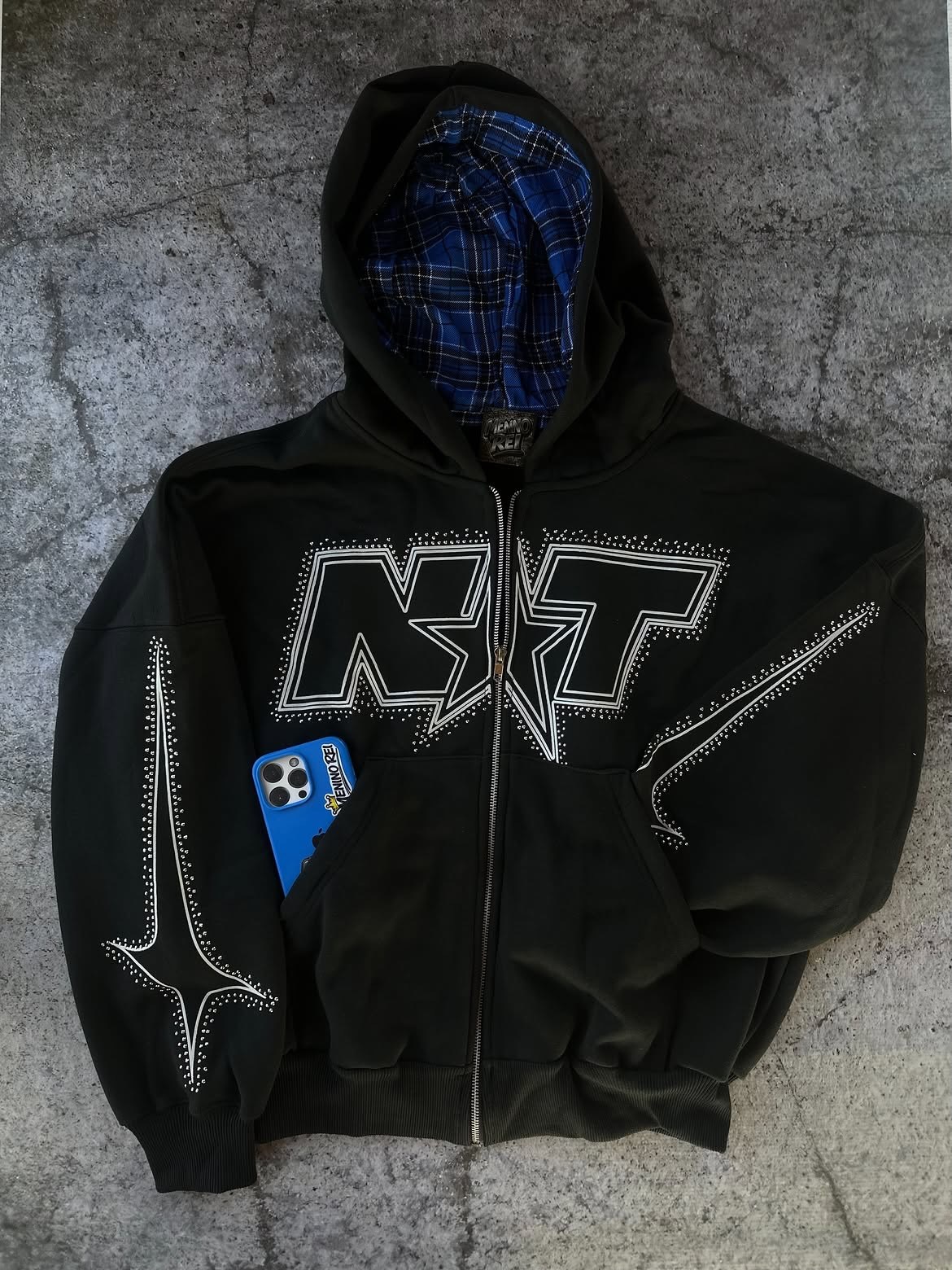 Siyah NXT Taş Detaylı Oversize Fermuarlı Hoodie