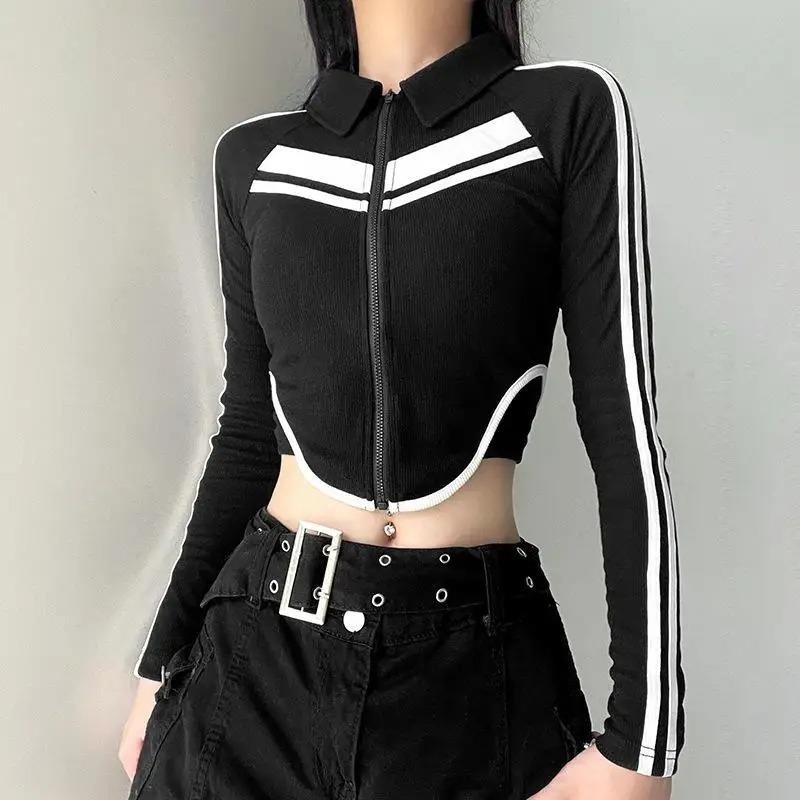 Siyah Polo Yaka Beyaz Şeritli Uzun Kollu Crop