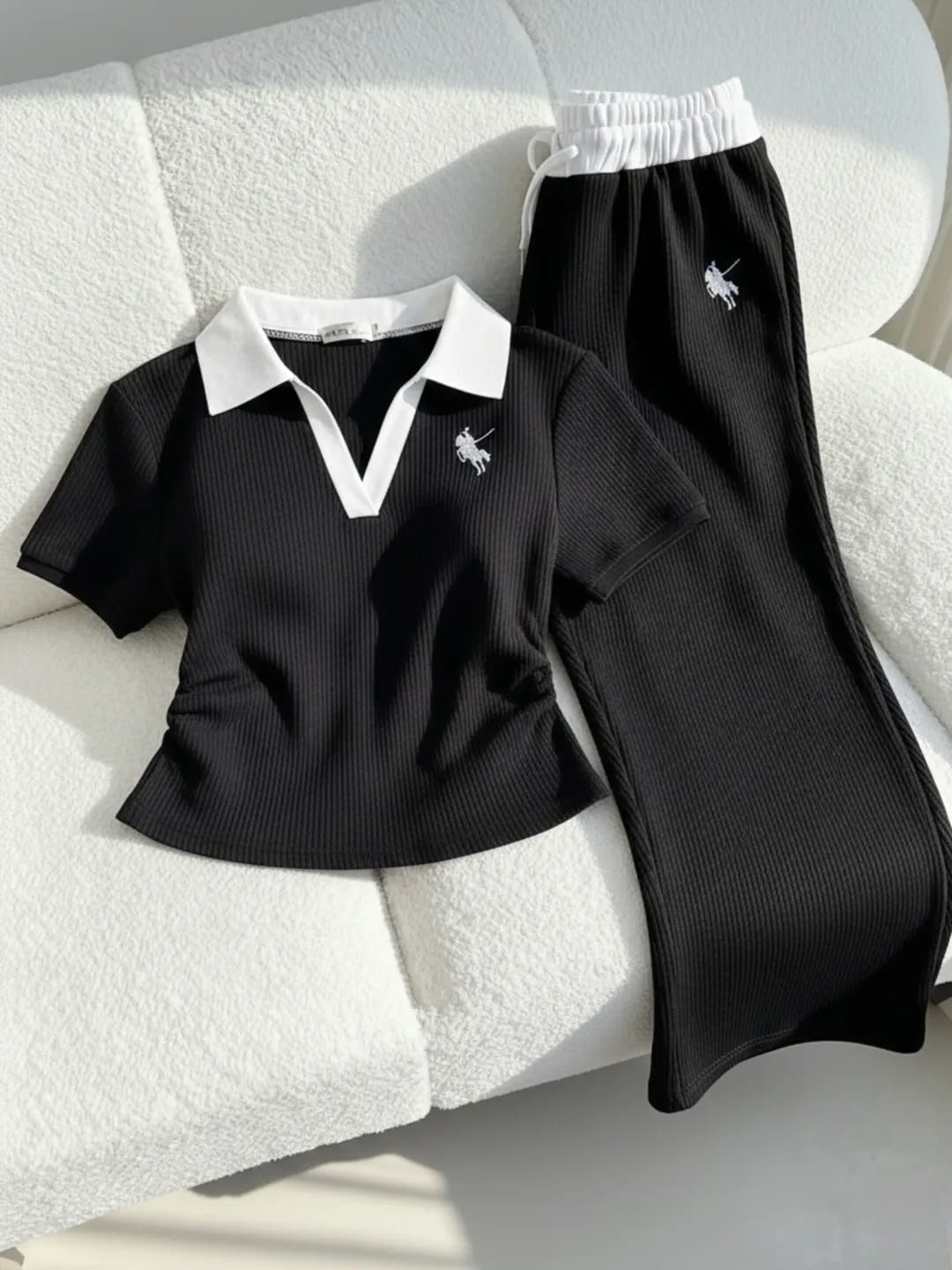 Siyah Polo Yaka Fitilli Likralı Premium Eşofman Takımı