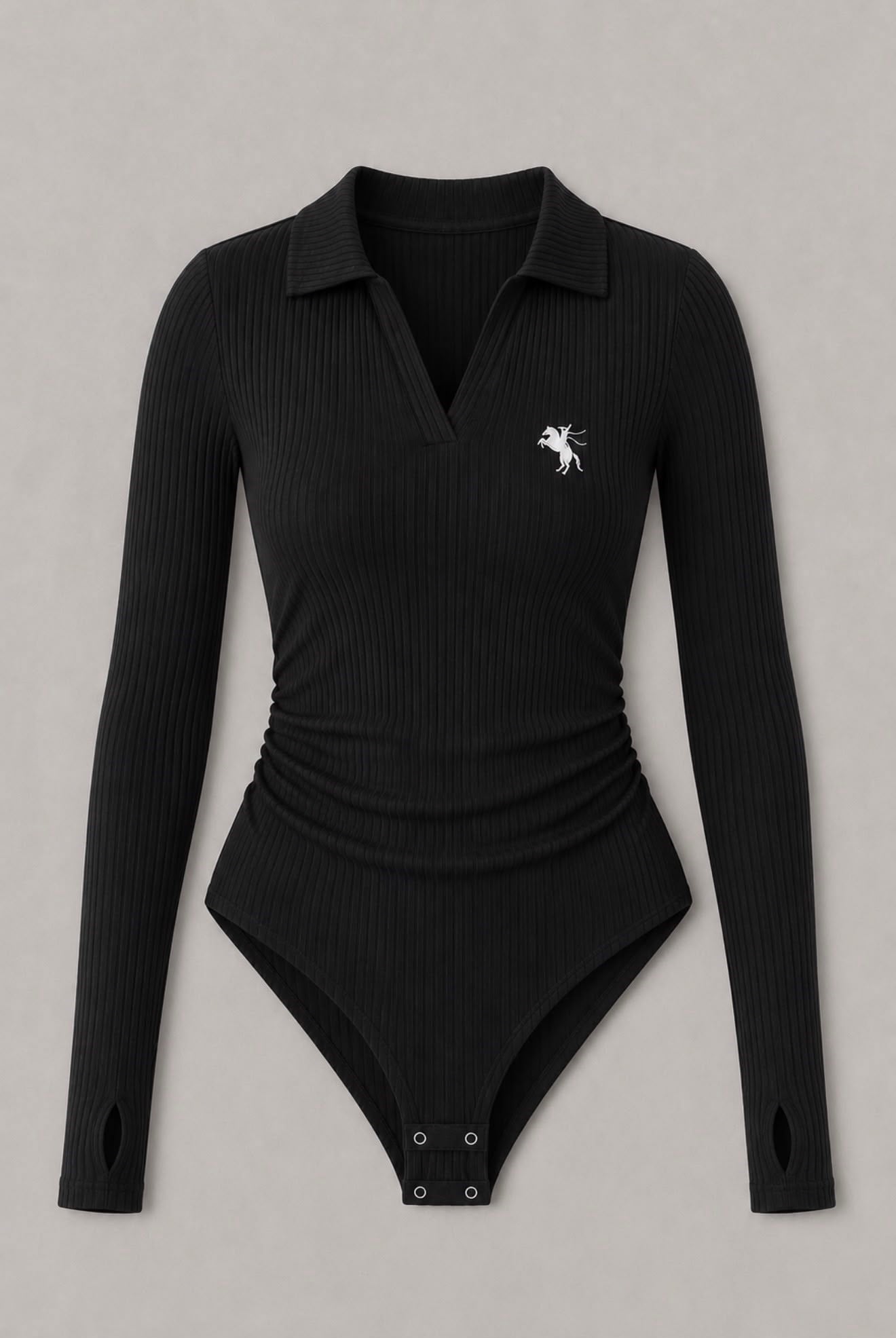 Siyah Polo Yaka Likralı Büzgülü Parmak Geçirmeli Zıbın