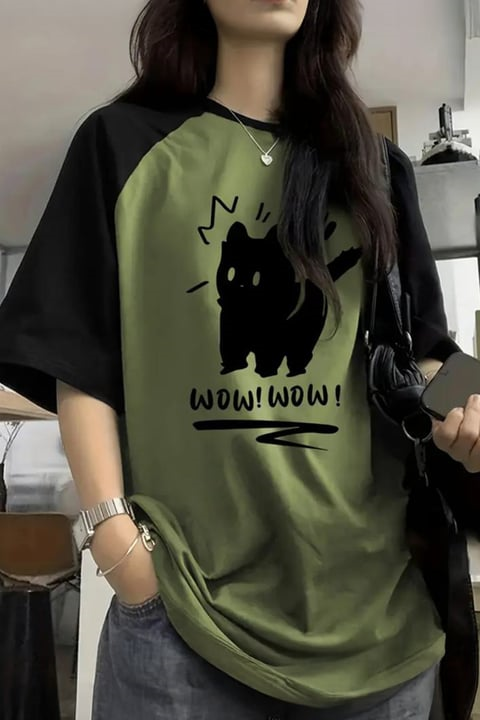 Siyah Raglan Yeşil Wow! Wow! Cat Y2K Unisex T-Sihrt