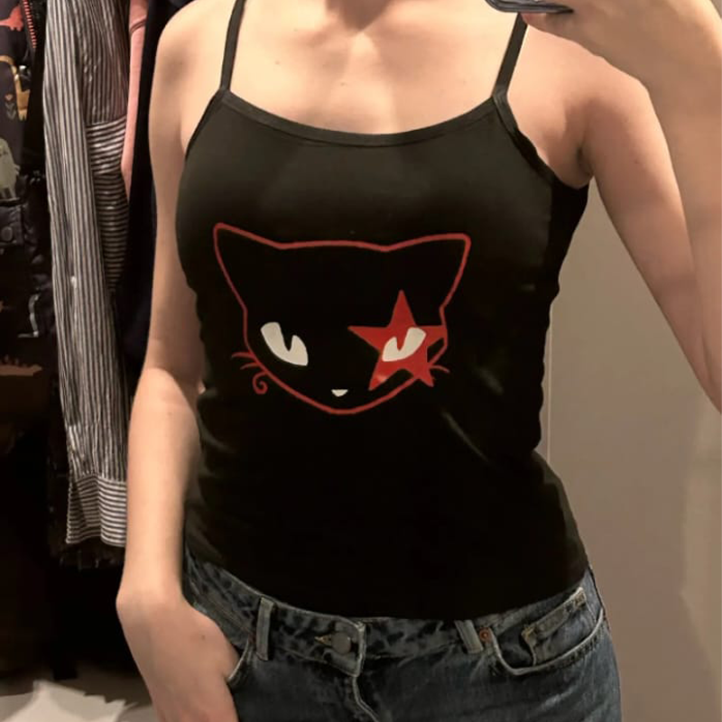 Siyah Red Eye Cat Face Askılı Crop