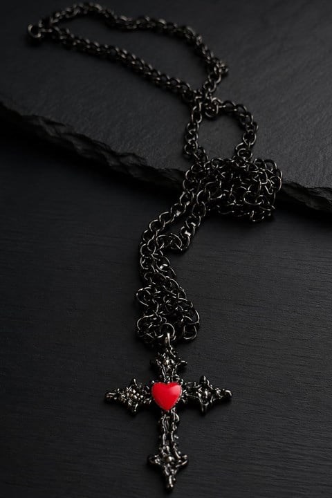 Siyah Red Heart Cross Gotik Kolye