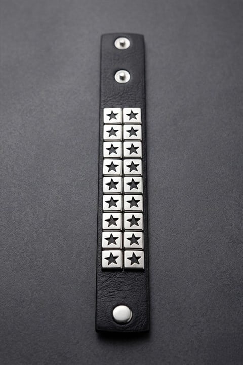 Siyah Silver Çift Şeritli Star Gotik Deri Bileklik