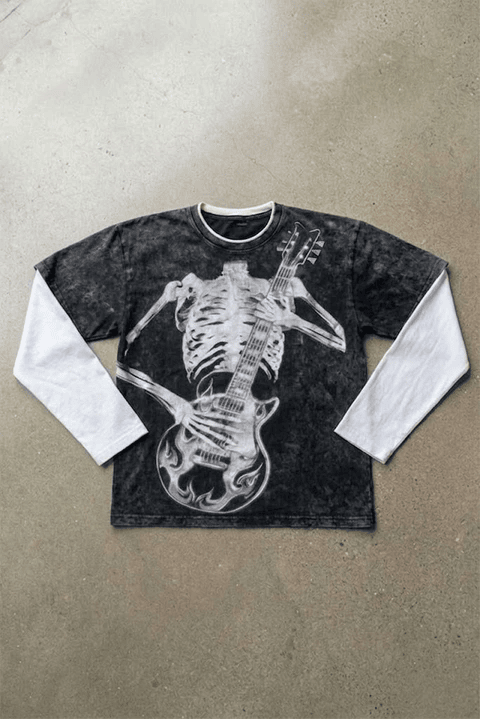 Siyah Skeleton Guitar Gotik Beyaz Kollu Y2K Uzun Kollu T-Shirt