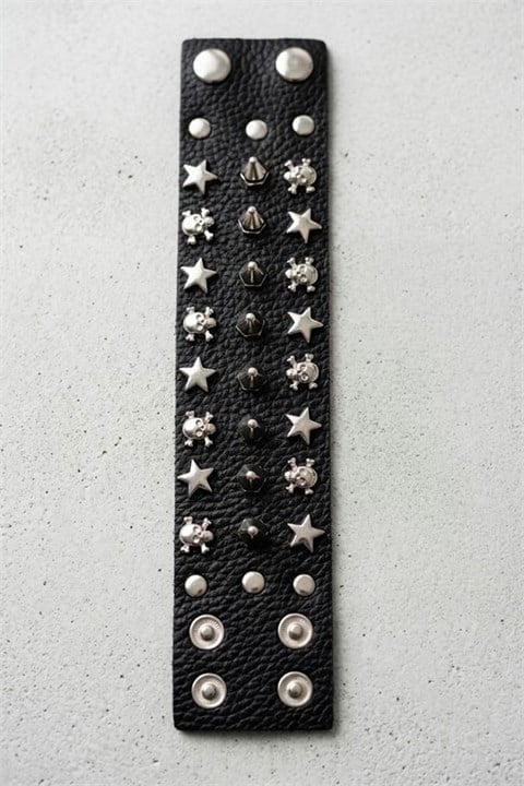 Siyah Star Skull Dikenli Üç Şerit Gotik Bileklik