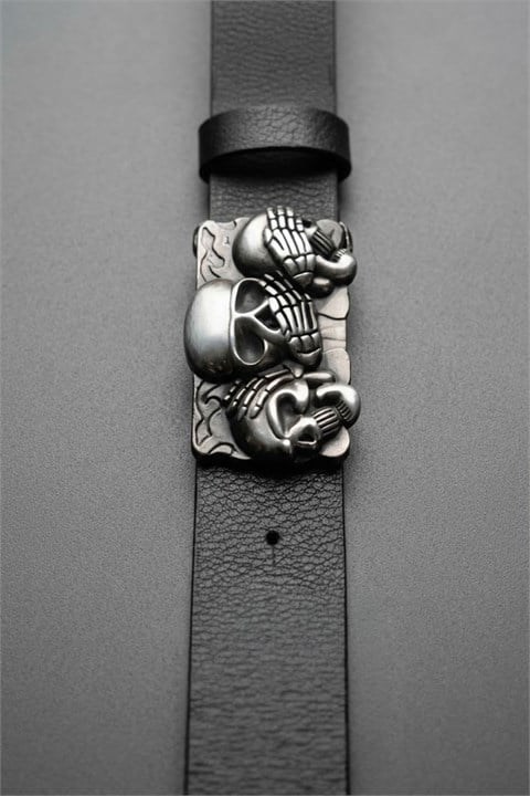 Siyah The Three Wise Skulls Belt Deri Kemer