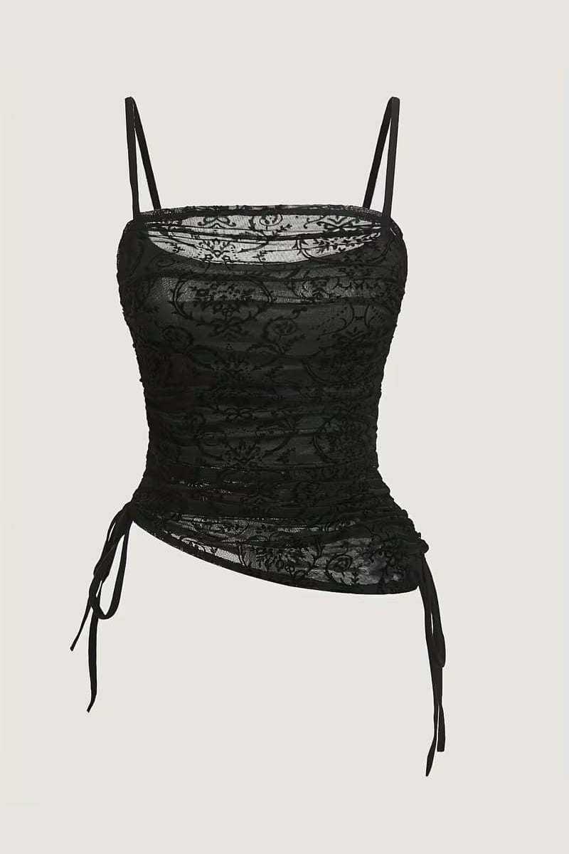 Siyah Transparan Dantelli Desenli Gotik Y2K Askılı Crop